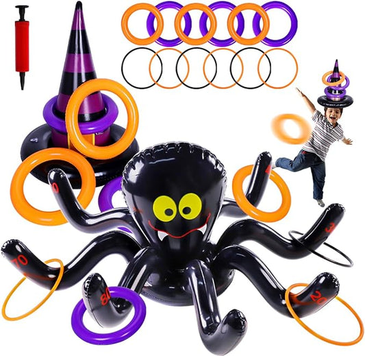 Max Fun Halloween Ring Toss Games Inflatable Spiders Ring Toss Witch’s Hat Toss Game for Kids Halloween Party Favors Supplies Indoors Outdoors Party Games