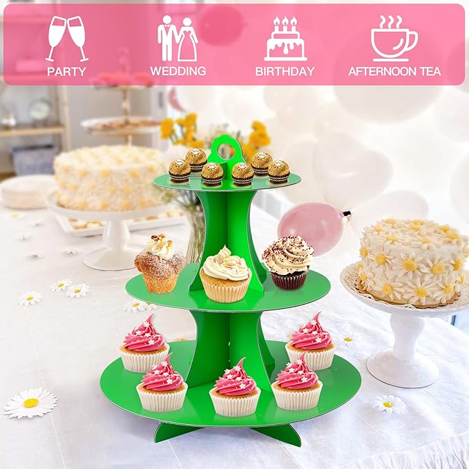 Soleebee 3-Tier Round Cupcake Stand, Cardboard Cupcake Tower, Dessert Cup Cake Stand Tower for Birthday Wedding Party Decoration, Cupcake Tier Stand 2 Set (Green)