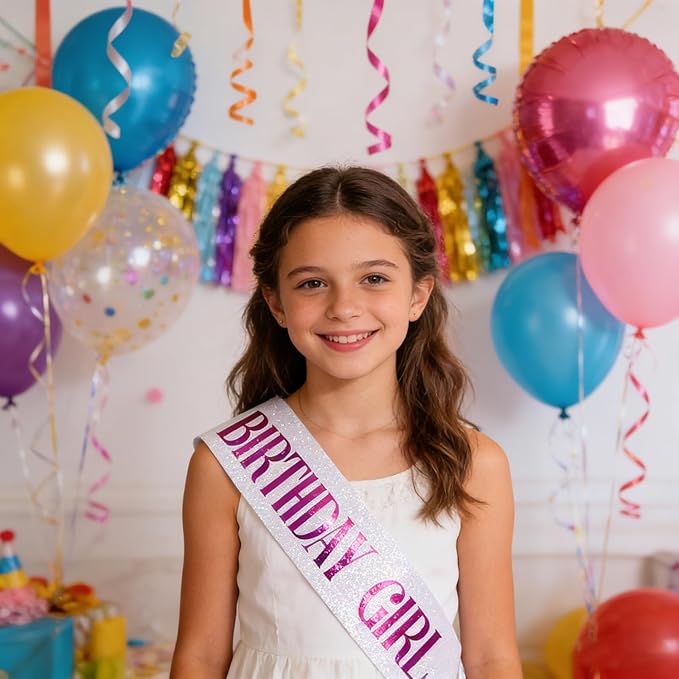 Birthday Sash for Girl, Pink Foil Letter Glitter White Birthday Girl Sash for 10th 11th 13th 16th 18th 21st Bday Gifts Party Suppiles Favors