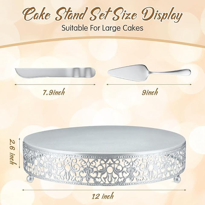 Wenqik 12 Inch Silver Cake Stand Set Metal Round Cupcake Dessert Stand with Cake Cutting, Spatula Wedding Cupcake Pastry Display Candy Holder Display for Wedding Party Birthday Baby Shower(Classic)
