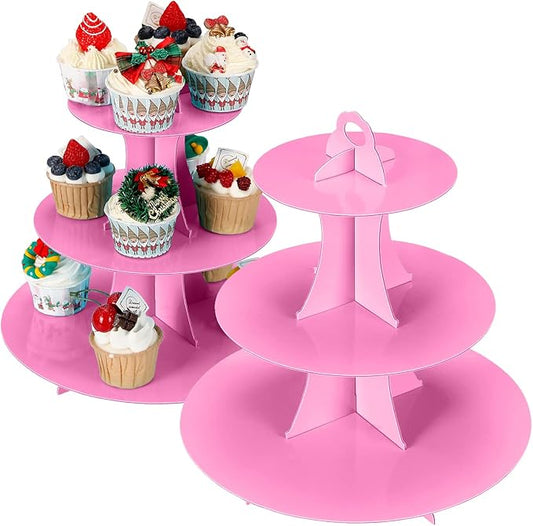 YLDW Cupcake Stand 2Pcs, 3-Tier Cupcake Stand Display, Cardboard Cup Cake Tower Stand, Disposable Dessert Stand for Birthday Tea Party Baby Shower Treat Decorations, Pink