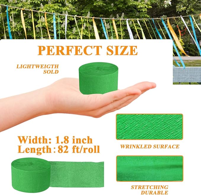 8 Rolls Crepe Paper Streamers 1.8 Inch x 82 Ft/Roll Grass Green and Deep Green Party Streamers for Birthday Wedding Baby Bridal Shower Decorations Christmas Craft Supplies