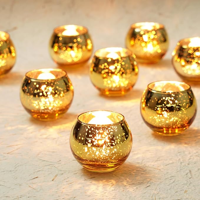 Homemory 24 Pcs Gold Votive Candle Holders, Round Mercury Glass Candle Holder, Tealight Candle Holders for Table Centerpieces, Baby Shower,Anniversary, Wedding, Home Decor, Halloween, Christmas