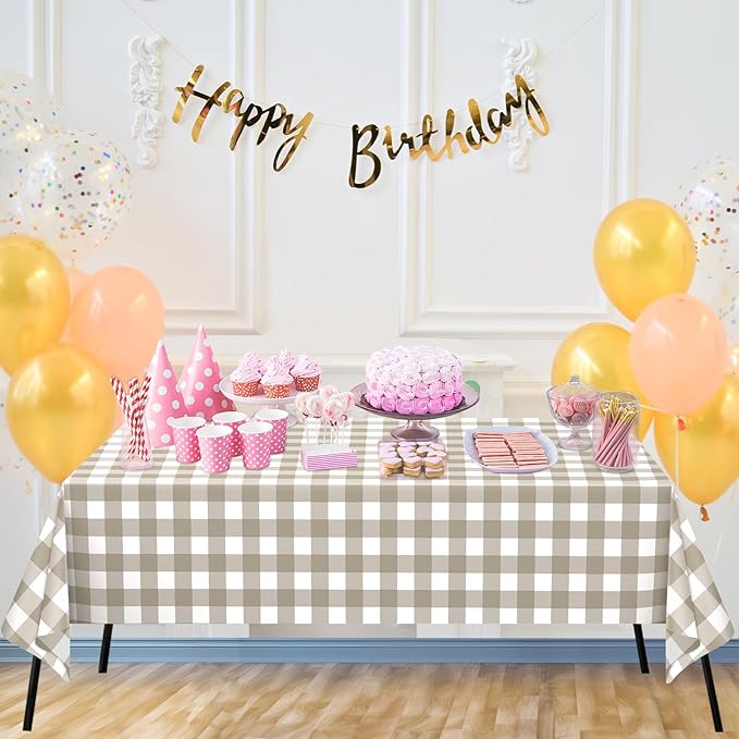 WNINK 6 Pack Brown Checkered Rectangular Plastic Tablecloths, Brown and White Gingham Waterproof Disposable Table Covers 54" x 108" for Birthday, Baby Shower, Wedding, Outdoor Picnic Parties
