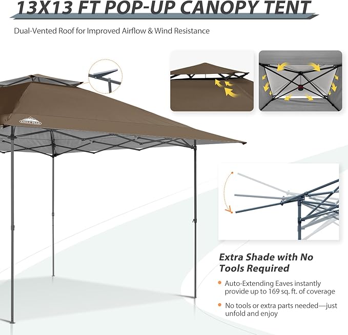 EAGLE PEAK 13x13 Straight Leg Pop Up Canopy Tent Instant Outdoor Canopy Easy Single Person Set up Folding Shelter w/Auto Extending Eaves 169 Square Feet of Shade (Brown)