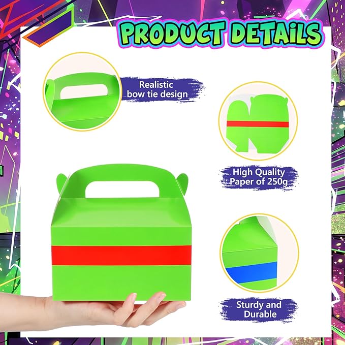 Marspark 24 Pack Green Turtle Anime Birthday Party Supplies, Paper Gift Boxes, Cartoon Candy Treat Boxes for Anime Themed Birthday Party Decorations(Green Pattern)