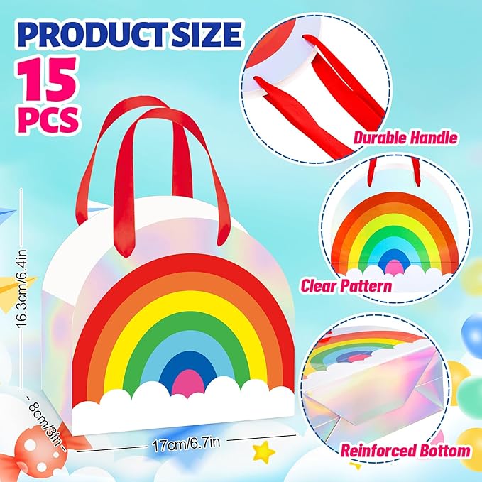 FYSUIMU 15 Pcs Rainbow Paper Gift Bags with Handle Holographic Colored Rainbow Party Favor Bags Iridescent Goodie Candy Treat Bag for Kids Birthday Pride Day Baby Shower Wedding Holiday Party Supplies