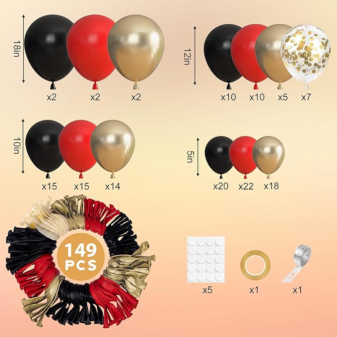 Ouddy Party 149Pcs Red Black Gold Balloon Arch Garland Kit Different Sizes 18 12 10 5Inch, 6Pcs 18” Latex Metallic Gold Confetti Balloons for Birthday Casino Night Movie New Year Party Decorations
