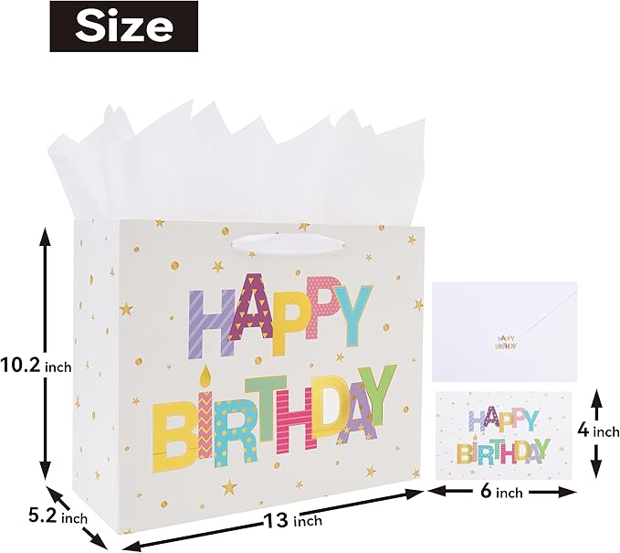 Qirrmiy 13'' Large Happy Birthday Gift Bag Set with Handles, Greeting Card, White Tissue Papers and Stickers for Women Girls Kids Teens, Foil Letter Design, 1 Pcs