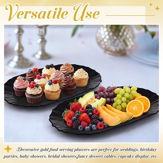 12 Pcs Black Plastic Serving Tray Bulk, 14.5" x 8.6" Rectangle Black Party Platters Reusable Decorative Dessert Table Serving Trays for Graduation Wedding Birthday Party Cupcake Decoration