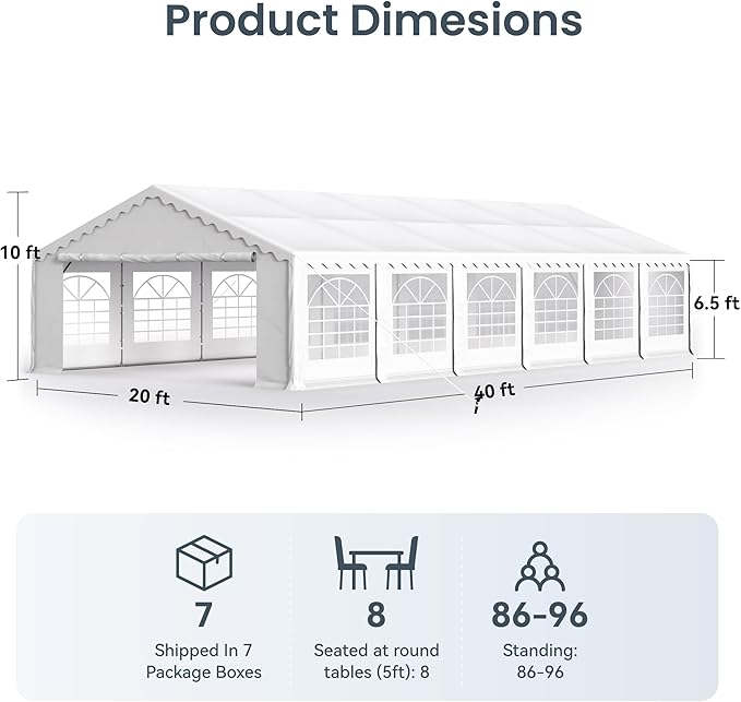 PHI VILLA 20x40 Outdoor Heavy Duty Party Tent, Large Commercial Canopy Wedding Event Tent with Removable Sidewalls & 7 Storage Bags for Patio Outdoor Garden Events, White