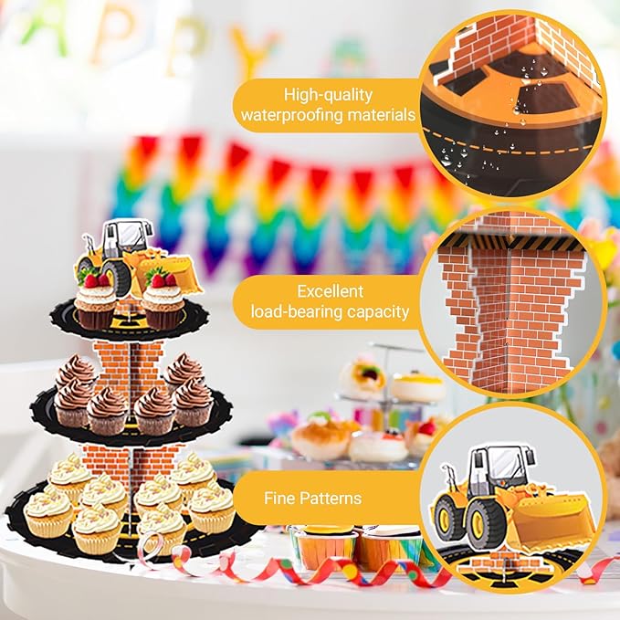 Construction 3-Tier Cardboard Cupcake Stand Dessert Display Tower Holder for Construction Birthday Party Supplies
