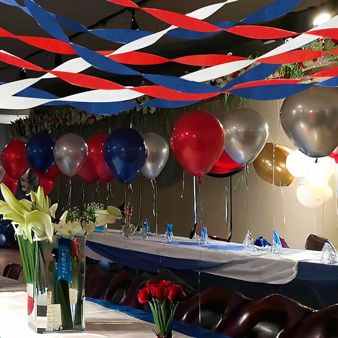 PheiLa Crepe Paper Streamers 6 Rolls 492ft, Crepe Paper 4th of July Decorations Red White Navy Blue Patriotic Party Supplies for DIY Gift Wrapping Birthday Holiday Party Decor, 1.77 Inch x 82 Ft/Roll