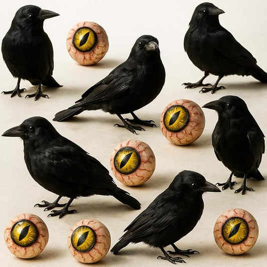 KatchOn, Black Crows with Eyes Halloween Decorations – Pack of 12 | Realistic Feathered Crows for Indoor Outdoor Halloween Decor | Scary Raven Decorations for Haunted House