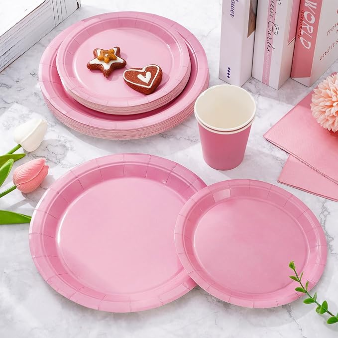 Whaline 100Pcs Light Pink Party Supplies for 25 Guests Disposable Tableware Set Paper Plates Napkins and Cups for Wedding Bridal Baby Shower Birthday Gender Reveal Mothers Day Decor
