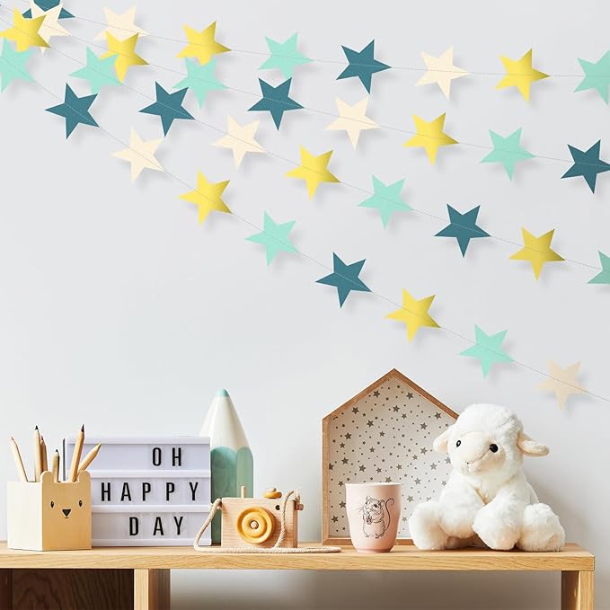 Patelai 130 Feet Glitter Star Garland Banner 2026 Party Decoration Double Side Star Hanging String Streamer Paper Twinkle for Graduation Wedding Birthday (Dark Green,Gold,Yellow,Light Green,Apricot)