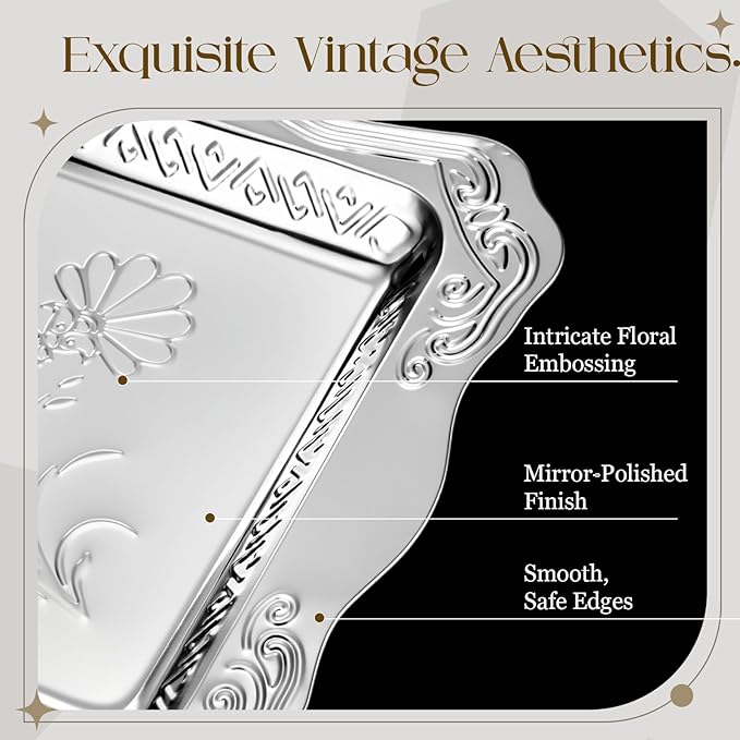 4 Pack 21.6" x 14.6" Large Silver Serving Trays for Dessert Table Stainless Steel Silver Platters Floral Engraved Mirror Serving Platters for Wedding, Desserts, Party Food Display (Classic)