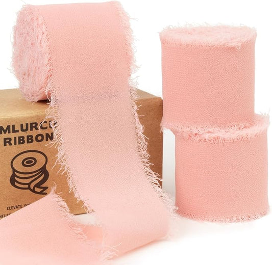 Blush Rose Chiffon Ribbon - 1.5 Inch x 21 Yards, Frayed Silk Boho Ribbon for Gift Wrapping, Wedding Invitations, Bridal Bouquets