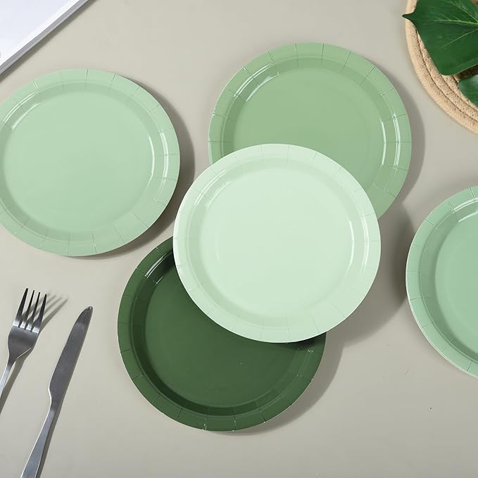 AimFun 48Pcs Sage Green Paper Plates Gradient Green Party Plates 7” Disposable Round Dessert Plates for St Patricks Birthday Wedding Bridal Baby Shower Party Supplies 4 Colors