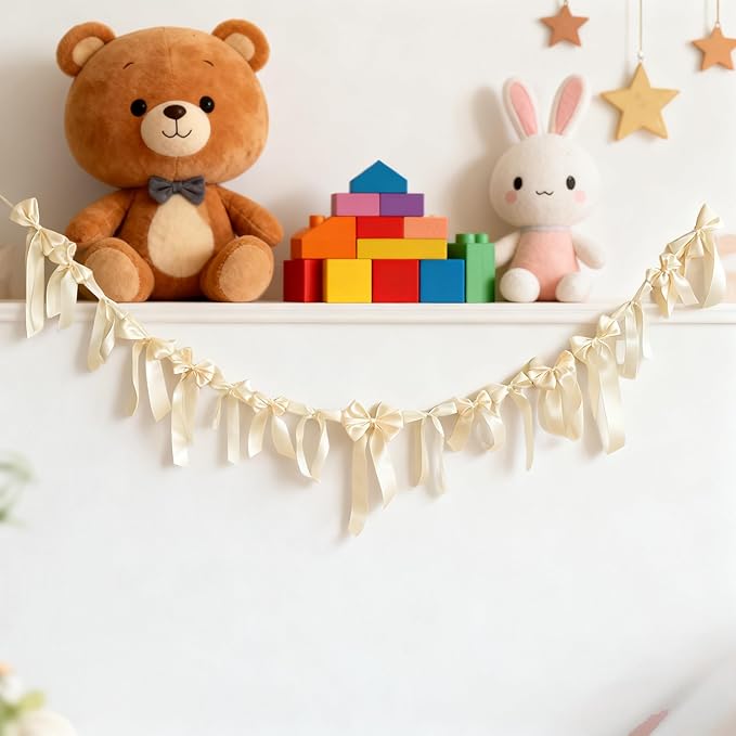 Meseey Ivory Satin Bow Garland Banner, Coquette Decor for Bachelorette Party, Bridal Shower Backdrop, Wedding Engagement Birthday Party Supplies, Photo Booth Props, Ivory Satin Ribbon Bow Decorations
