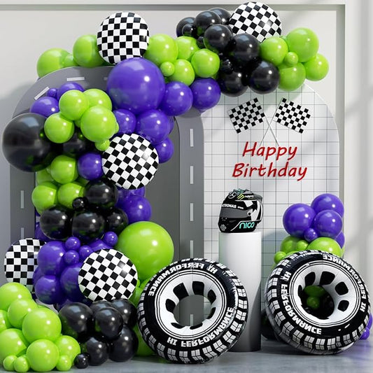 Monster Truck Balloon Arch Garland Kit 156pcs, Green Purple Black Silver Big Wheels Race Car Balloons Arch Kit for Two Fast Theme Boy Birthday Anniversary Monster Truck Jam Party Decorations