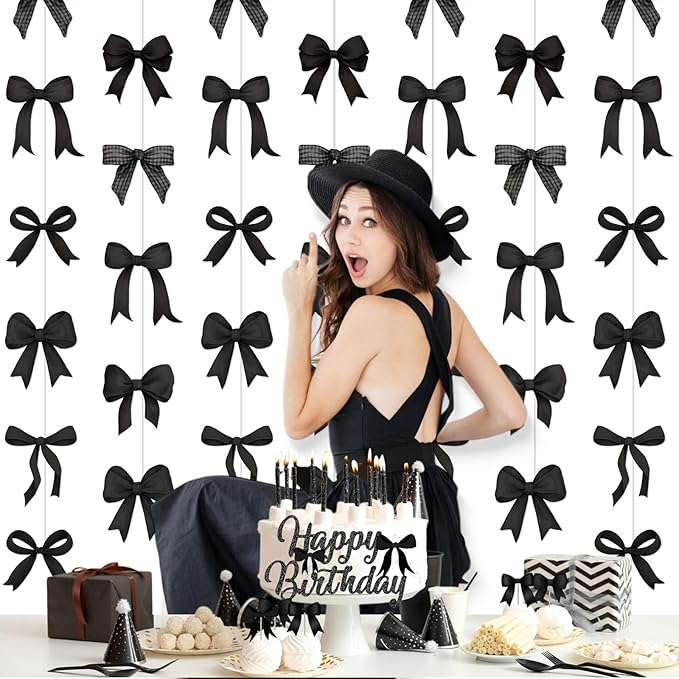 Daifunli 8 PCS Bow Decorations Bow Hanging Banners Garland Banners Paper Cutouts Ribbon Streamers for Birthday Bridal Engagement Bachelorette Wedding Party Decor(Black)