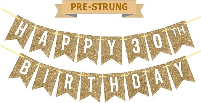 Netnology Pre-Strung Gold Happy 30th Birthday Banner Decorations,12 ft No DIY Gold Glitter 30th Birthday Party Banner Sign Decor for Women Men Girl Boy Party Supplies