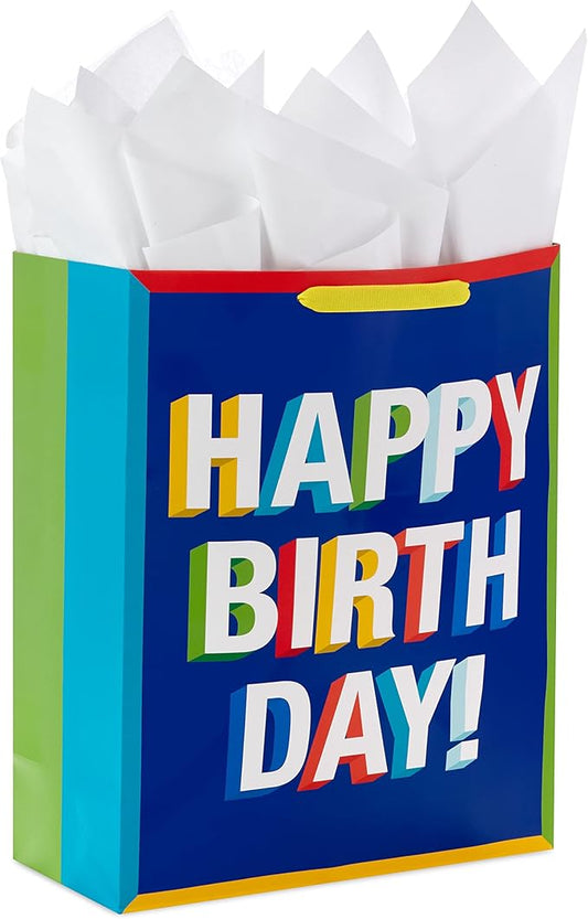 Hallmark 15" Extra Large Birthday Gift Bag with Tissue Paper (Happy Birthday, Red, Blue, Yellow, Green) for Kids, Teachers, Coworkers, Friends