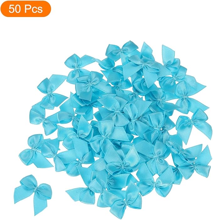 MECCANIXITY 50 Pcs Mini Ribbon Bow 1" Mini Fabric Satin Ribbon Flower Bows for Craft DIY Sewing Wedding Birthday Party Gift Wrap Bows Lake Blue