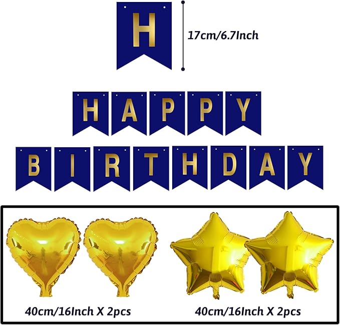 ZERODECO Birthday Decorations - Navy Blue Gold Party Decorations with Banner, Pompoms, Balloons for Boys, Girls, Men, Women