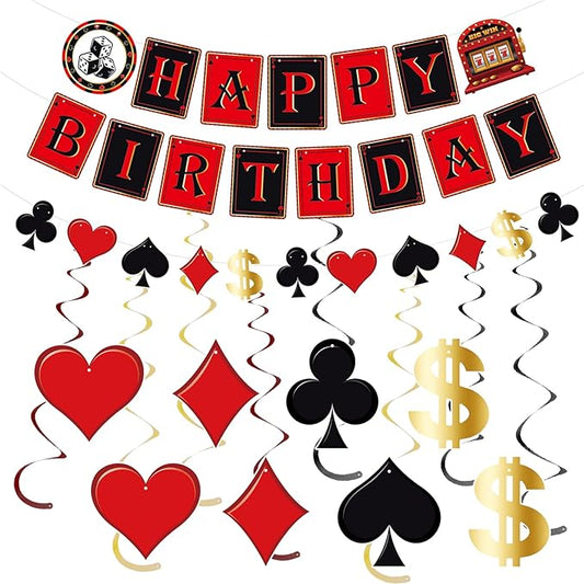 Pre-Strung 11PCS Casino Theme Happy Birthday Banners - Red Black Poker Birthday Party Decorations - Hanging Swirl Decor Supplies - Casino Games