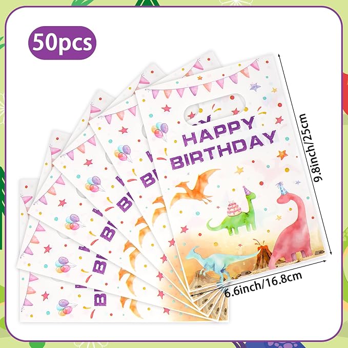 Hxezoc 50 Pieces Dinosaur Gift Bags with Handle, Plastic Treat Candy Bag Watercolor Dinosaur Favor Bags for Kids Birthday Party Decoration Supplies