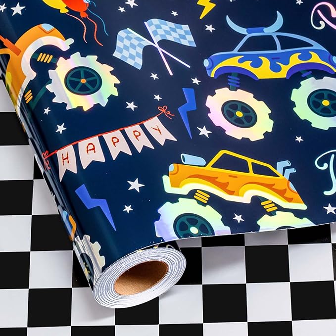 MAYPLUSS Monster Truck Wrapping Paper Roll, Reversible Checkered Flag Birthday Gift Wrap, Perfect for Kids and Boys Birthdays, 17 Inch x 33 Feet