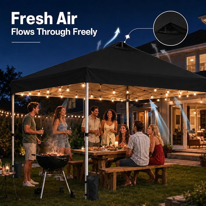 10x10 Pop Up Canopy Tent, Waterproof UV Blocking Heavy Duty Steel Frame with Wheeled Bag & Sandbags, One-Person Setup, Ideal for Outdoor Beach, Party, Camping, Backyard, Tailgate Events (Black)