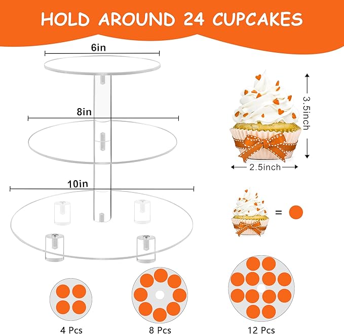 Cupcake Stand, 3 Tier Cupcake Stand for 24 Cupcakes, Cupcake Tower Stand, Acrylic Cupcake Holder, Clear Dessert Stands for Party, Wedding, Birthday, Baby Shower