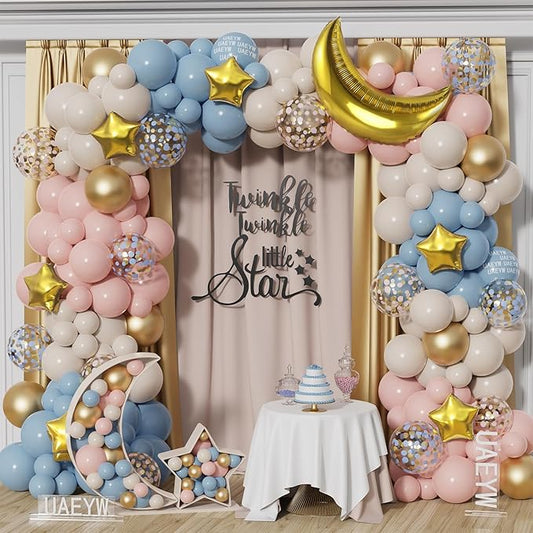 Pink Blue Gold Gender Reveal Balloon Garland Arch Kit, 127Pcs Twinkle Twinkle Little Star Party Decorations with Moon Star Foil Balloons for Baby Shower Boy or Girl Birthday Party Supplies