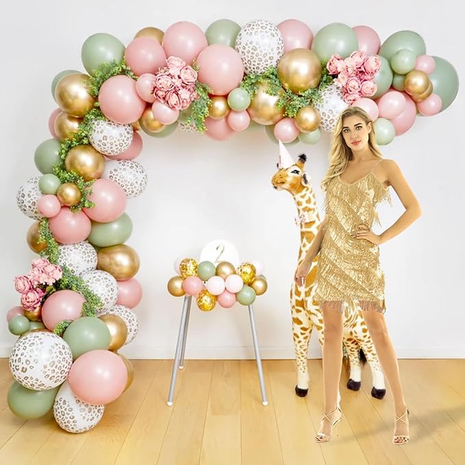HILAVO Pink and Green Balloons Retro Sage Green Pink Metallic Gold Confetti Balloons Olive Green Gold Pink Beige Latex Balloon for Easter Jungle Safari Christmas Woodland Birthday Party Decorations