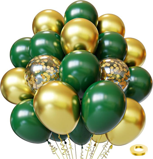 Green and Gold Balloons, 50pcs 12 inch Green Gold Confetti Balloons with Gold Ribbons for Bridal Shower Christmas Birthday St. Patrick's Day Theme Party Decorations