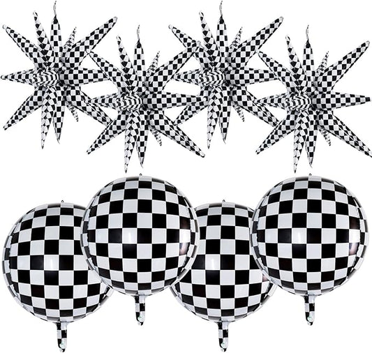 TONIFUL 8Pcs 22Inch Black Checkered Large 4D Giant Round and Star Balloons Explosion Star Mylar Balloons Set for Christmas New Year Birthday Wedding Bridal Shower Anniversary Photo Booth Supplies