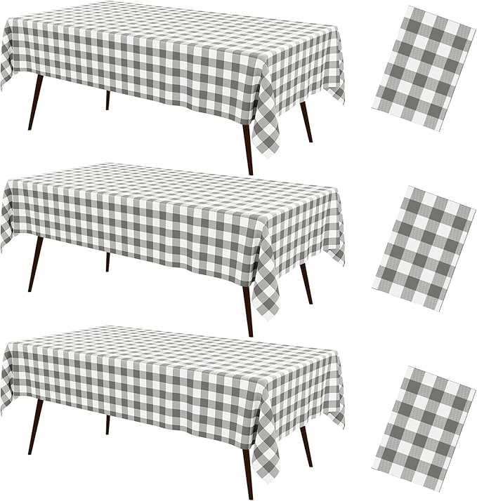 misaya 3 Packs Buffalo Disposable Table Cloth, 54 x 108 Inch Waterproof Plastic Tablecloth, Rectangle Grey and White Checkered Table Covers for Picnic, Birthday, Party