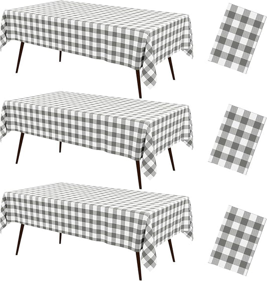 misaya 3 Packs Buffalo Disposable Table Cloth, 54 x 108 Inch Waterproof Plastic Tablecloth, Rectangle Grey and White Checkered Table Covers for Picnic, Birthday, Party