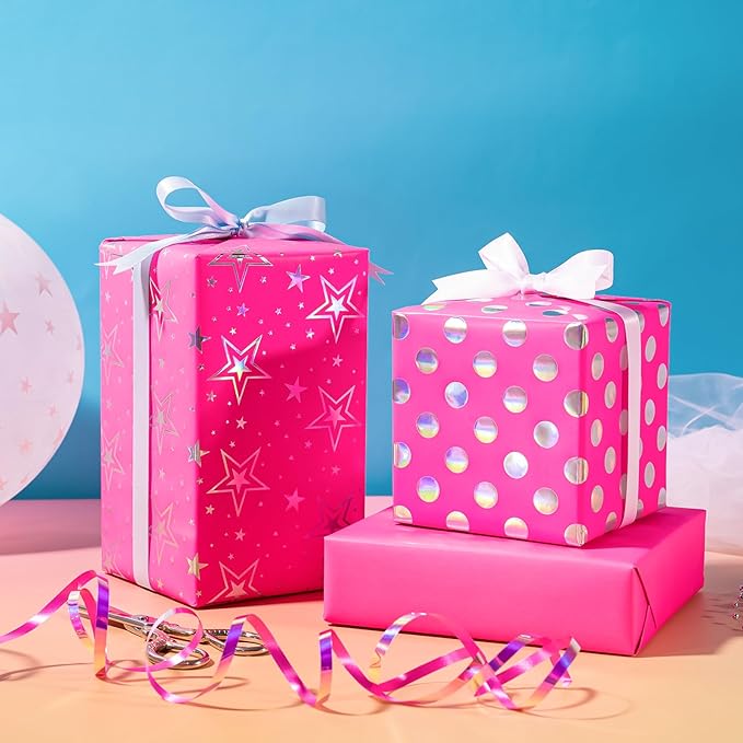 WRAPAHOLIC Pink Girls Wrapping Paper Roll - Mini Roll - 3 Roll - 17 Inch x 120 Inch - Foil Wrapping Paper for Kids Girls Birthday, Baby Shower, Wedding, Bridal Shower