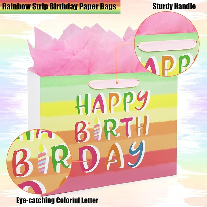 Oletx 13" Rainbow Gift Bags Happy Birthday Party Favor Paper Bags Set with Tissue Paper Greeting Card for Women' Birthday Party, Wedding, Anniversaries, Mother's Day