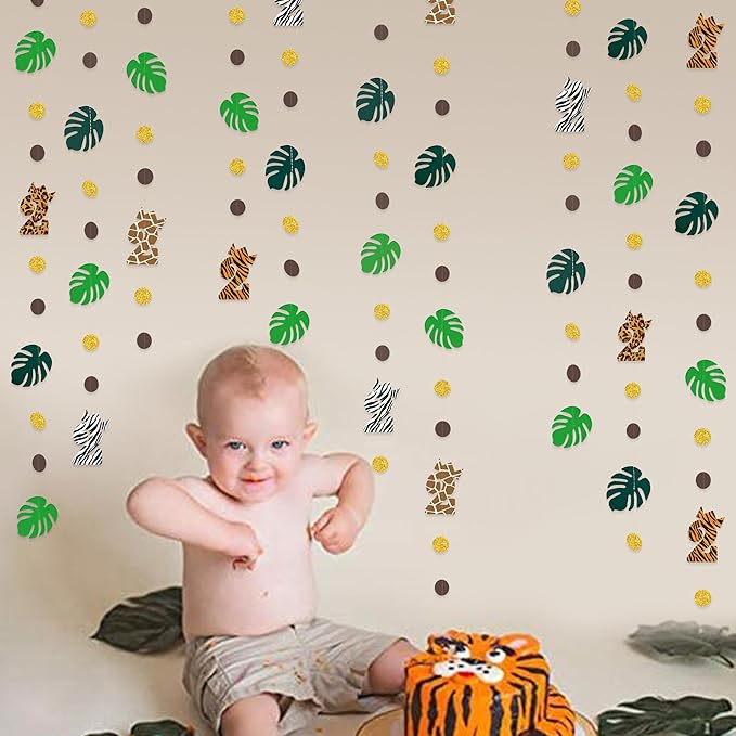 Two Wild Birthday Party Decorations Brown Gold Circle Dot Palm Leaf Jungle Theme Garland 2 Year Old Bday Palm Leaf Dots Streamer for Safari Animal Welcome 2 the Jungle Happy Birthday Party Supplies