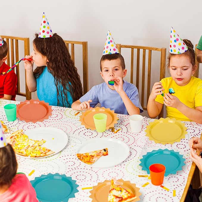 FYSUIMU 48 Pcs Here Comes The Son Party Plates Boho Sun Paper Disposable Plates 7 Inch Colored Sunshine Shape Tableware for First Trip Around the Sun Baby Shower 1st Birthday Summer Table Decor