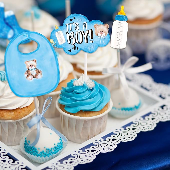 Whaline 72Pcs Bear Baby Shower Cupcake Topper Blue Baby Boy Cupcake Picks We Can Bearly Wait Cake Decorations for Baby Shower Kids Boys Birthday Party Supplies, 12 Designs