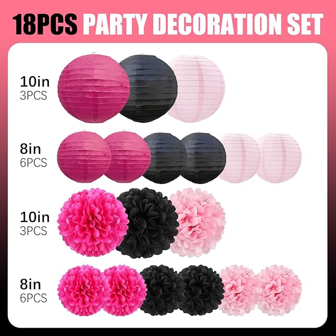 18 PCS Black Pink Paper Lanterns & Tissue Paper Pom Poms for Girls Birthday, Baby Shower, Wedding, Bridal Shower, Hanging Paper Decor for Indoor Outdoor Events Party Supplies