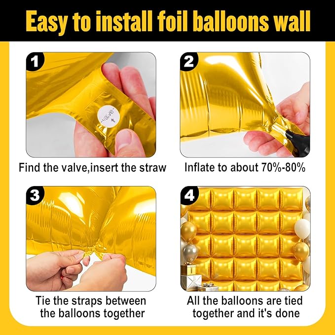 36Pcs Gold Square Foil Balloons Wall Backdrop, Double Sided Metallic Foil Balloons Tunnel Arch Garland Kit for Photo Booth Birthday Wedding Halloween Christmas Party Decorations