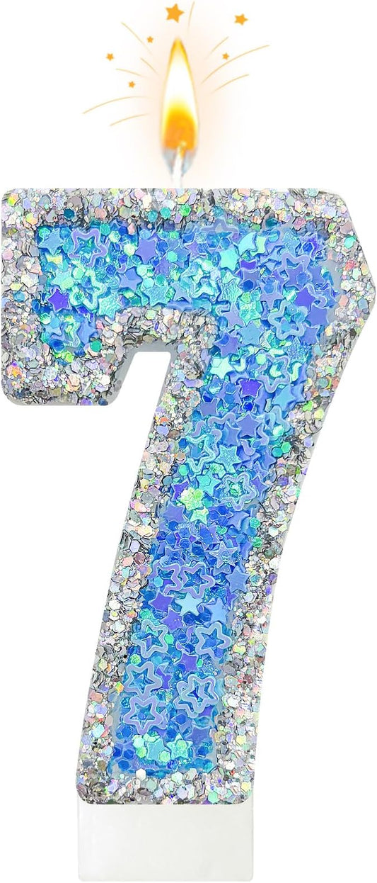 Blue Star Number 7 Candle for Cake Decoration, Glitter Star Cake Topper, Shaker Style Number Candle for Anniversary Celebration Party Supplies
