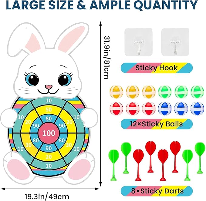 Easter Games 32" Large Bunny Dart Board - Easter Basket Stuffers Bunny Design with 12 Sticky Balls & 8 Darts, Indoor Outdoor Yard Holiday Party Games for Family, Non-Candy Gifts & Egg Fillers